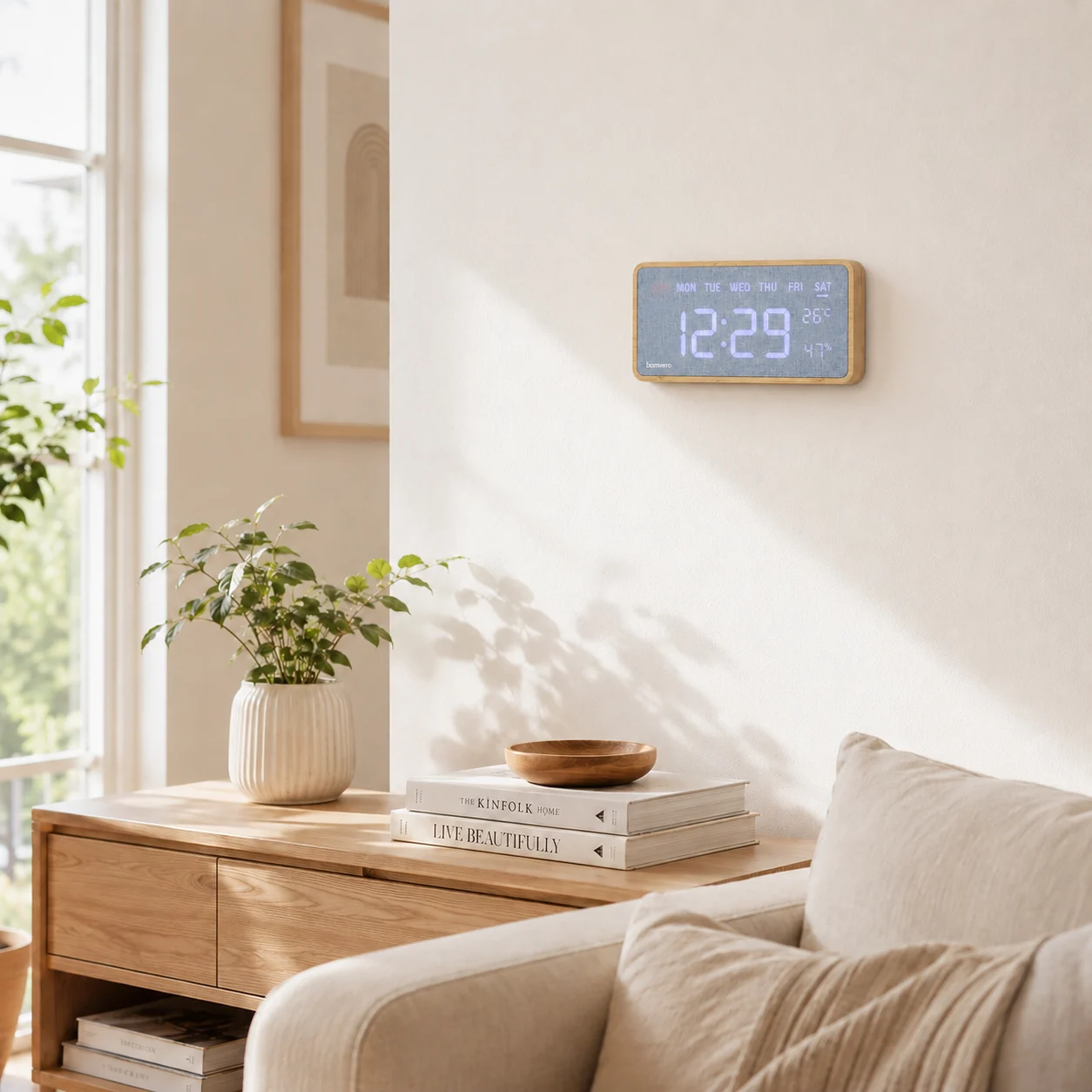 Custom bamboo fabric clock mounted in a warm living room