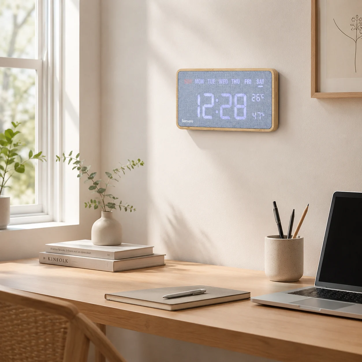G290 eco-friendly bamboo fabric clock mounted in a modern office