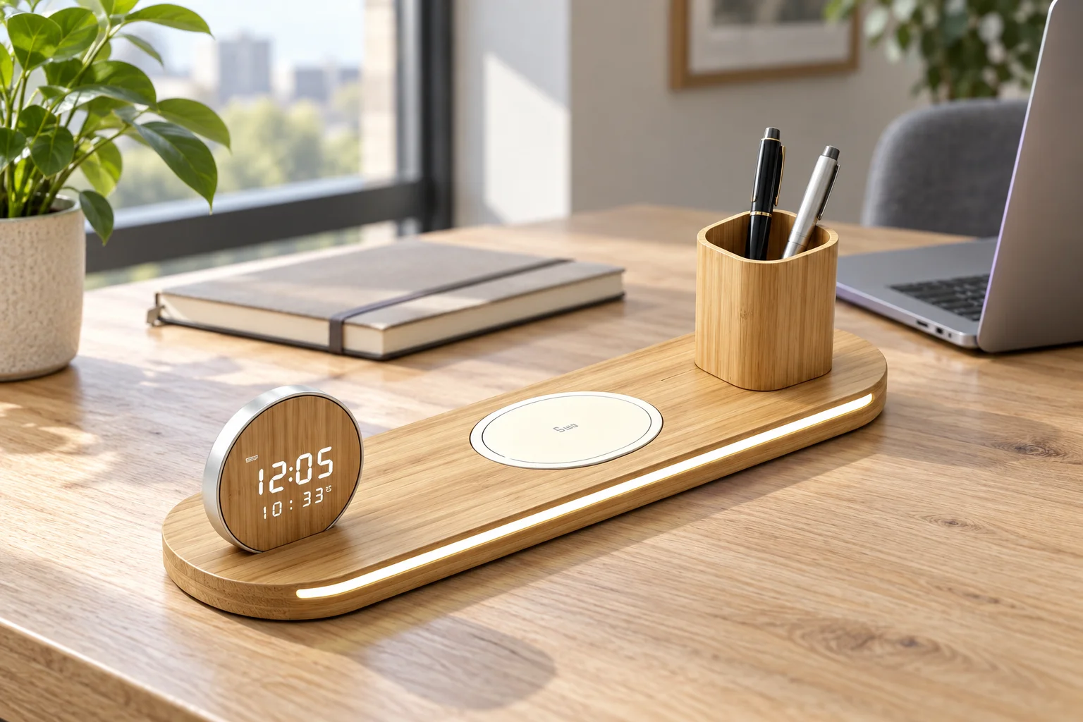 AI-generated office scene showing the bamboo desk organizer clock beside a notebook and laptop
