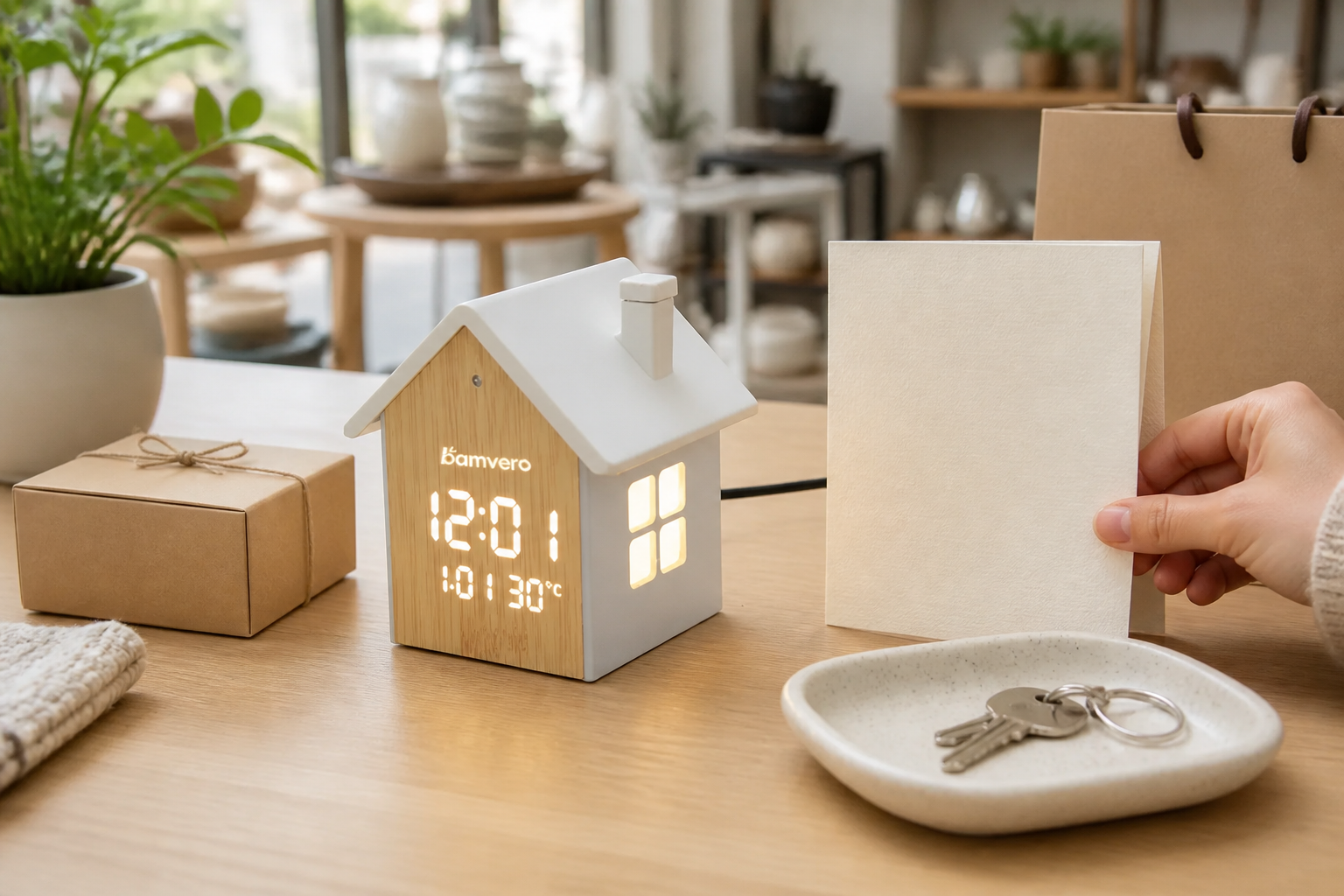 3012F bamboo house clock arranged with a blank gift card, key tray and kraft presentation box for a property handover program