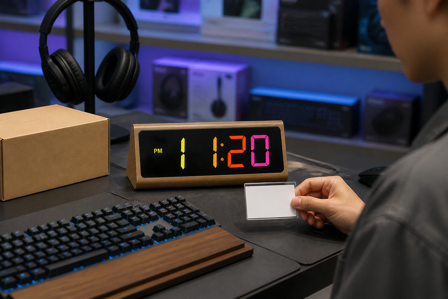 2109 triangular bamboo RGB LED clock displayed with a keyboard and headphones in a realistic gaming electronics retail scene