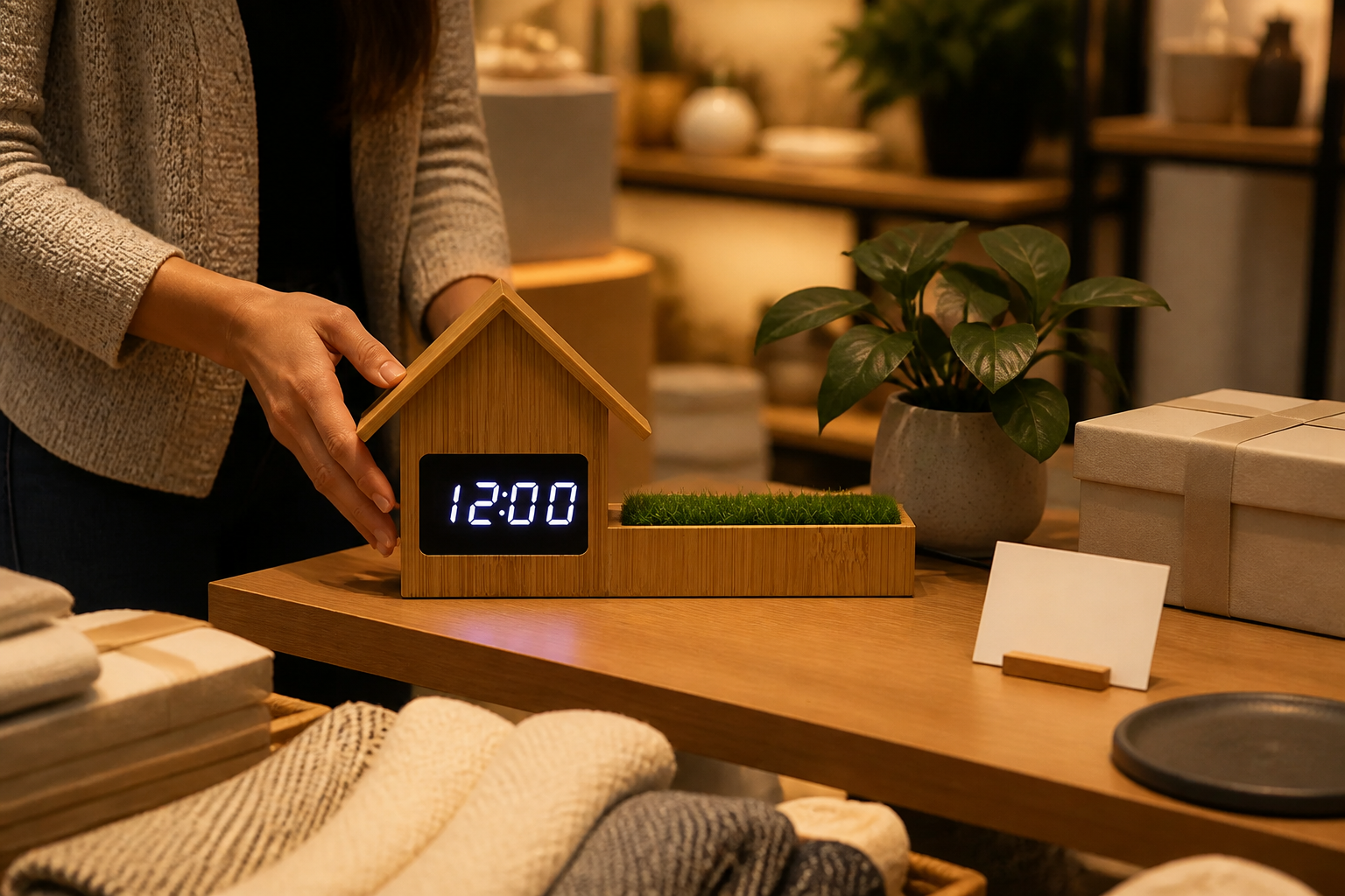 Home décor buyer positioning an F101 bamboo house ambient light clock and attached decorative tray on a lifestyle retail table