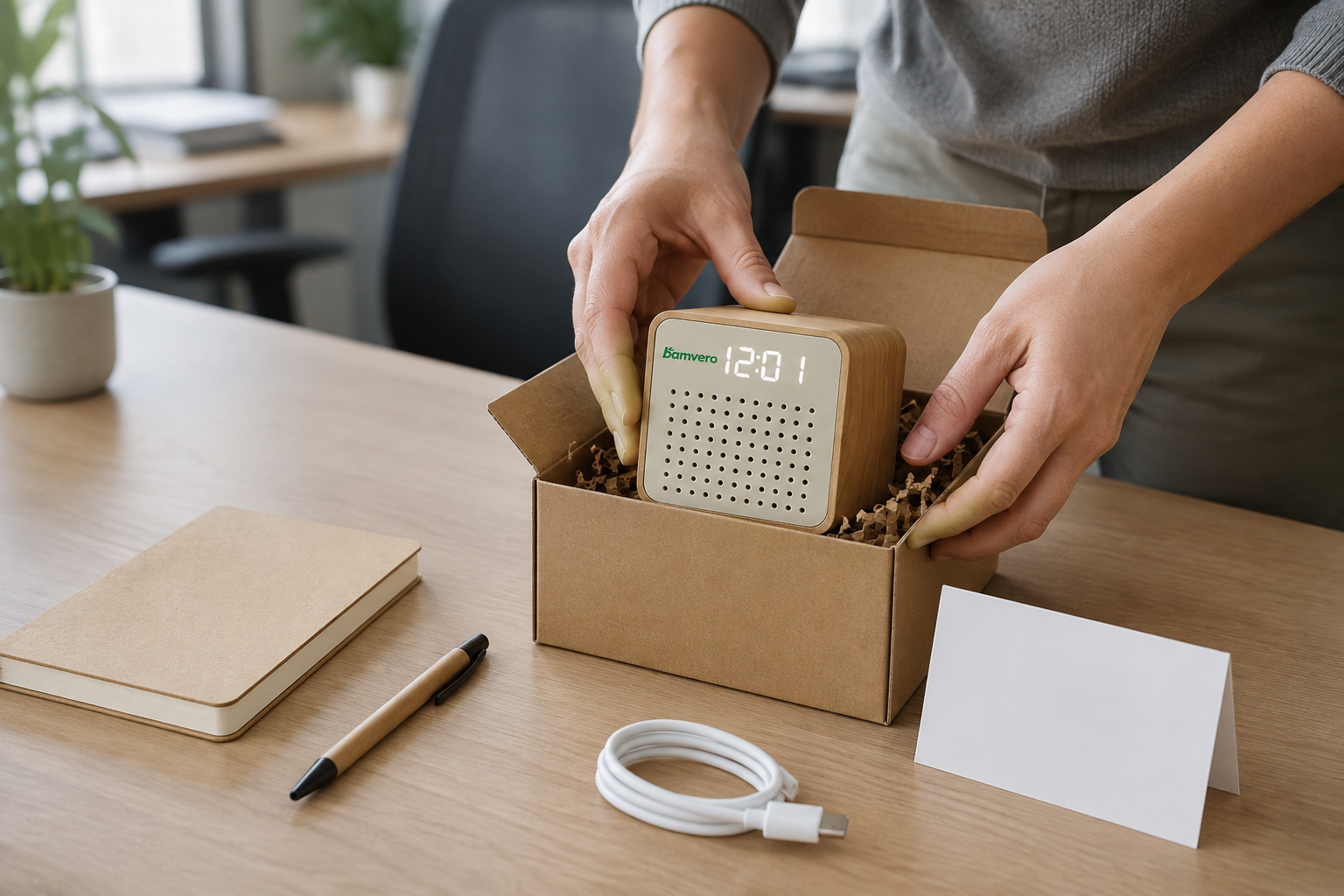 Hands placing one Y103 cube speaker clock into an unbranded employee welcome kit on an office packing table