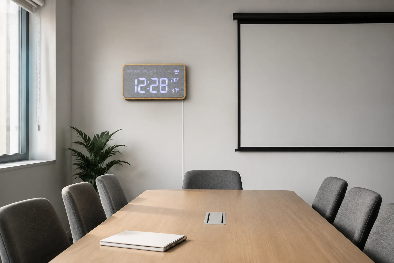 Illustrative meeting room with a G290-style fabric wall clock beside a projection screen and a visible cable route