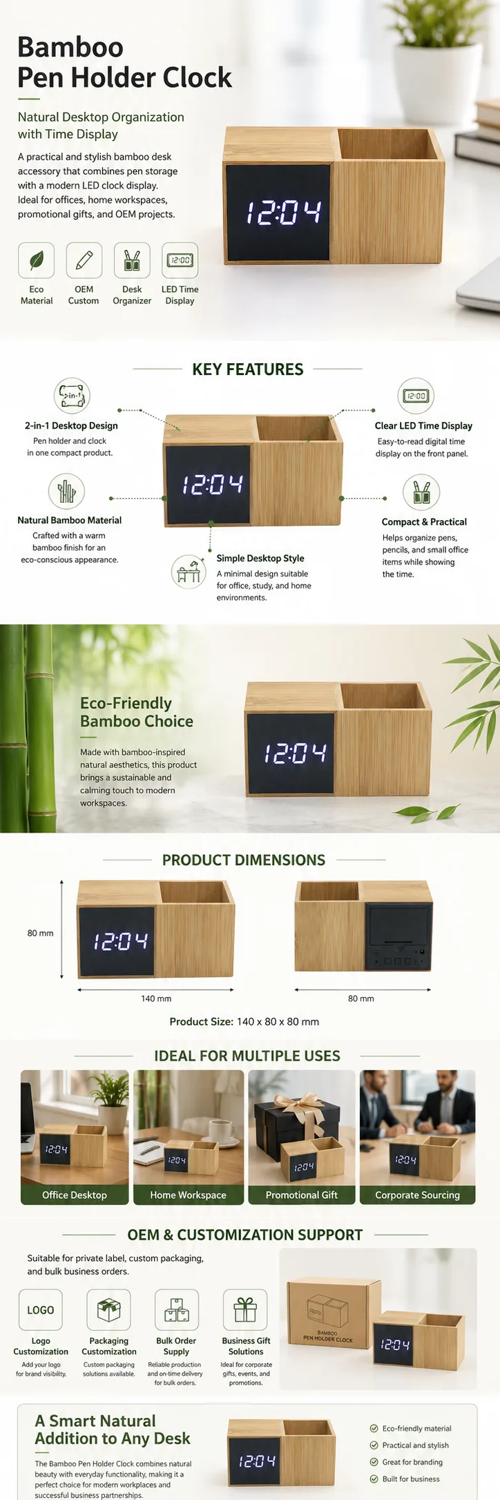 1293Z Bamboo Pen Holder Clock OEM detail view