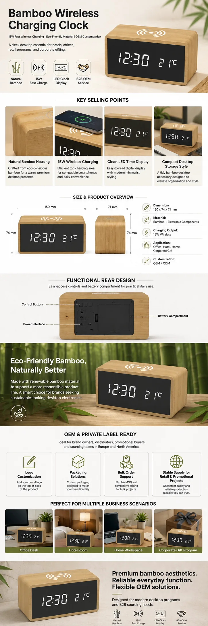 1299 Bamboo Wireless Charging Clock OEM detail view