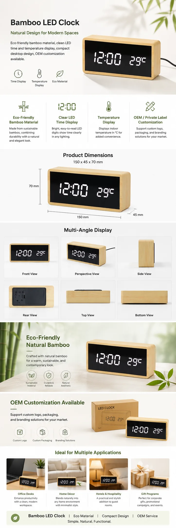 1299 Basic Bamboo LED Temperature Clock OEM detail view