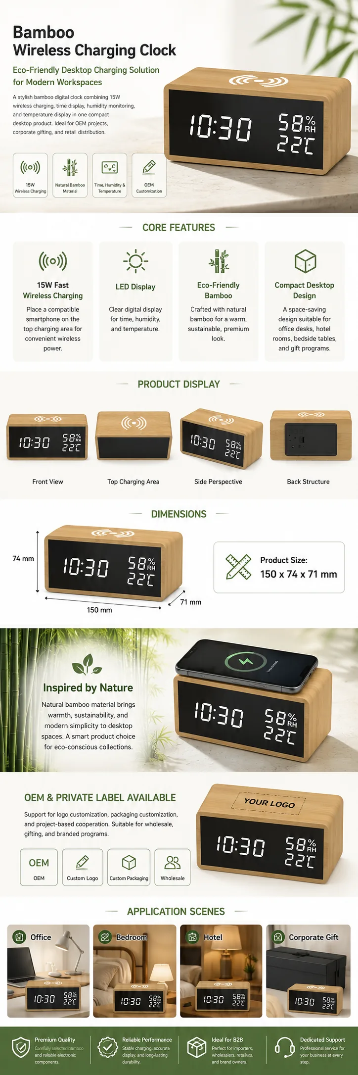 1502 Bamboo Wireless Charging Clock OEM detail view