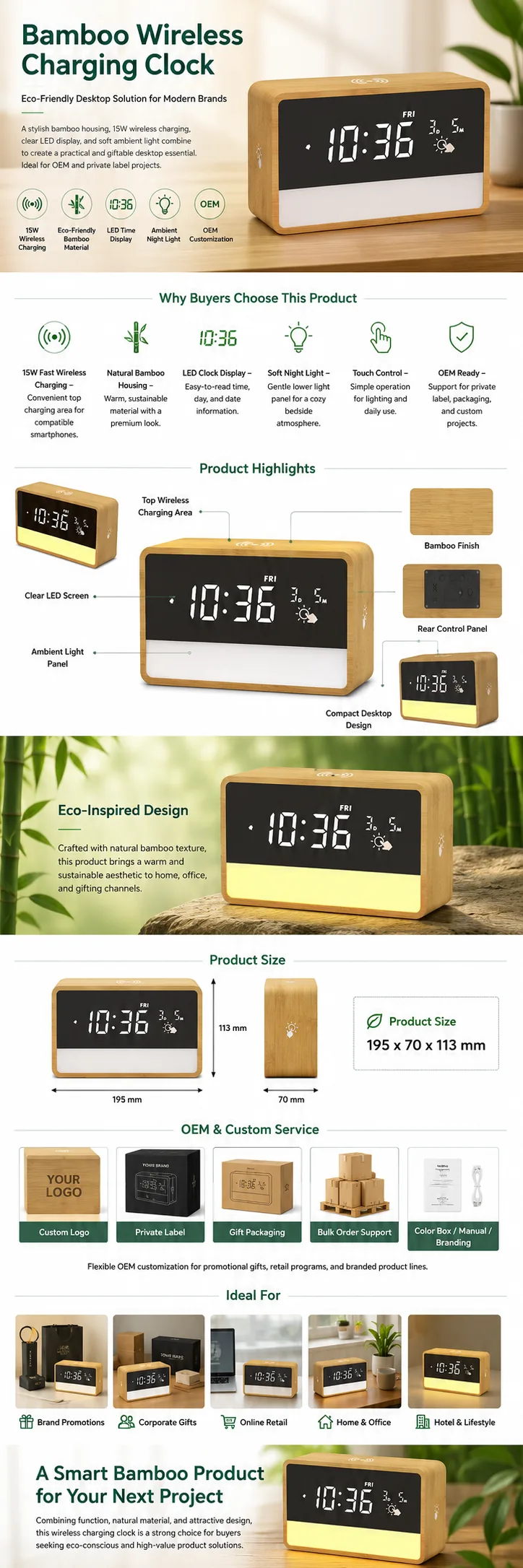1960 Bamboo Wireless Charging Clock with Night Light OEM detail view