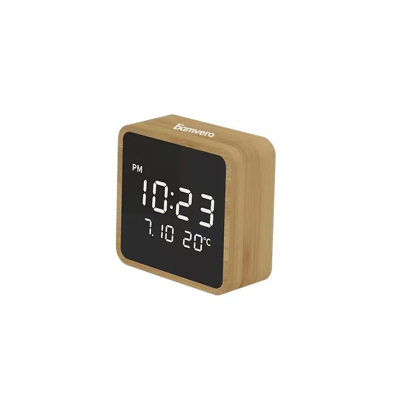 Compact wooden bedside clock on a clean white background