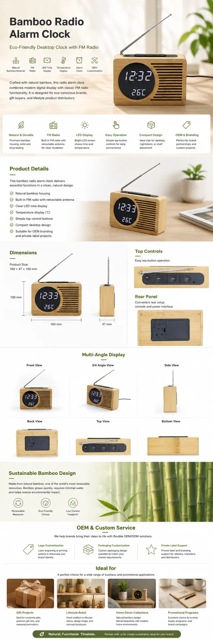 2602 Bamboo Radio Alarm Clock OEM detail view