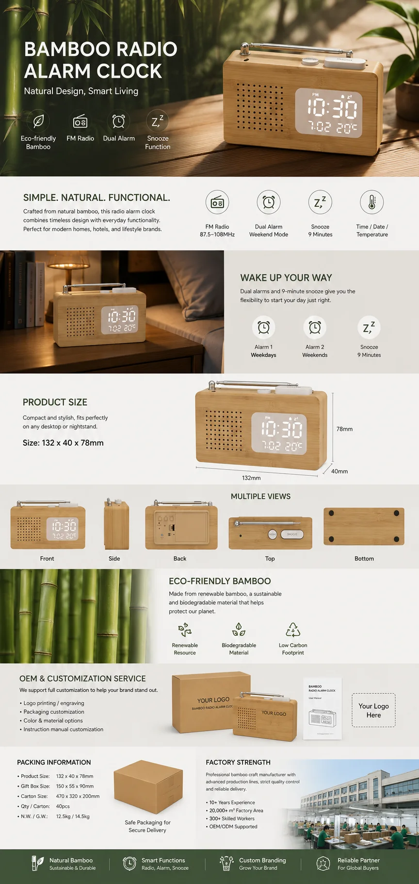 OEM details, dimensions and packaging information for the 2605 bamboo radio alarm clock
