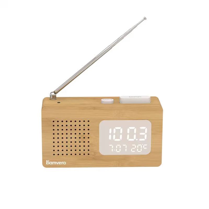 Bamboo radio alarm clock front view for hotel sourcing
