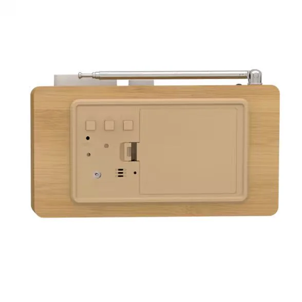 Rear view of compact bamboo radio alarm clock