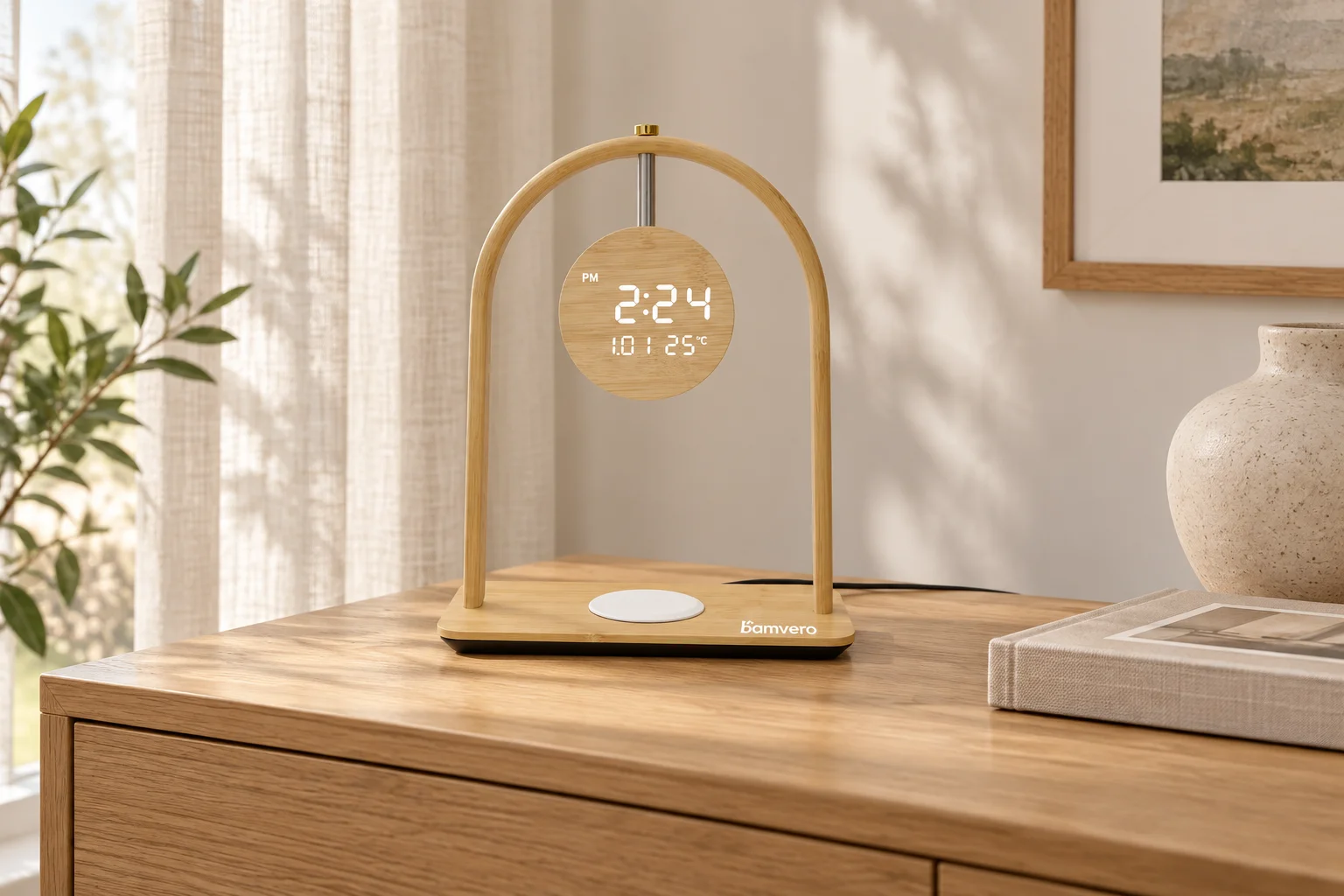 AI-generated living-room console scene featuring the arch bamboo wireless charging clock