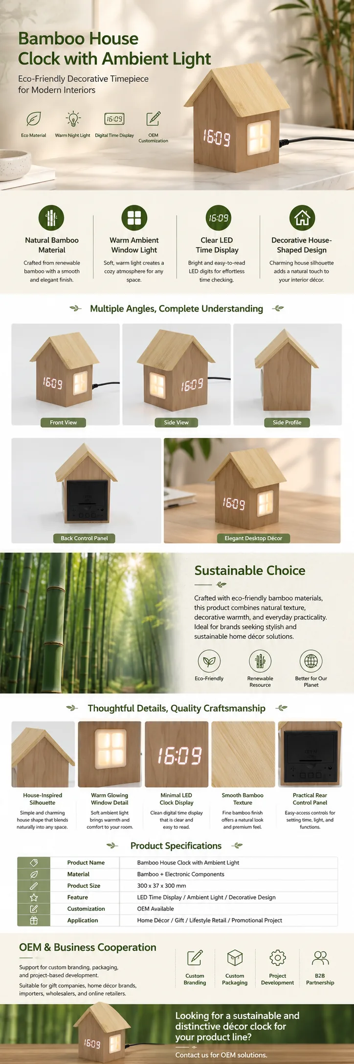 F003 Bamboo House Clock with Ambient Light OEM detail view