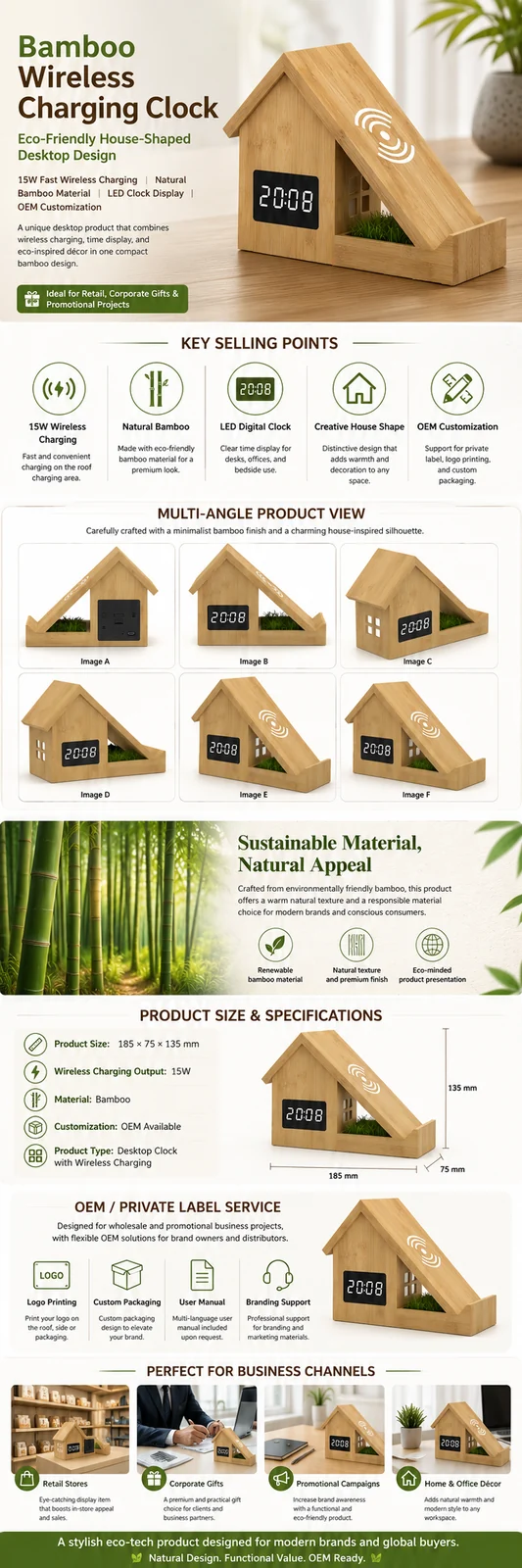 F011 Bamboo House Wireless Charging Clock OEM detail view