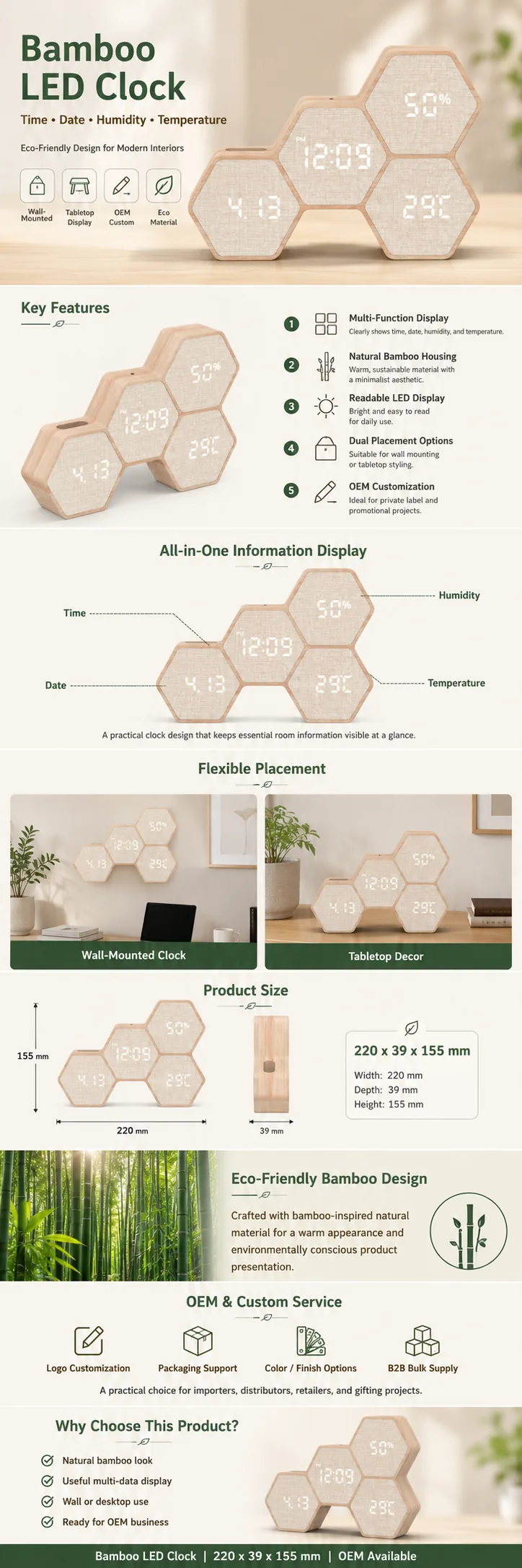 G268 bamboo LED clock function and OEM customization overview
