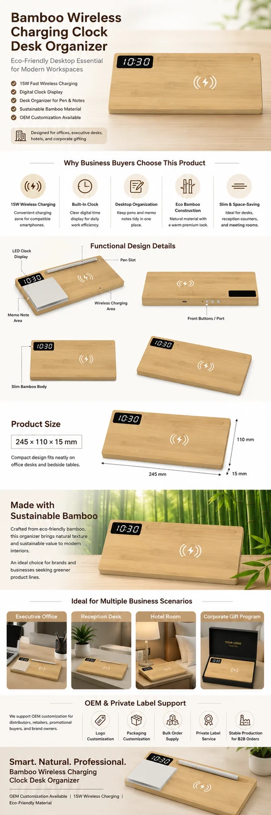W110A Bamboo Wireless Charging Clock Desk Organizer OEM detail view