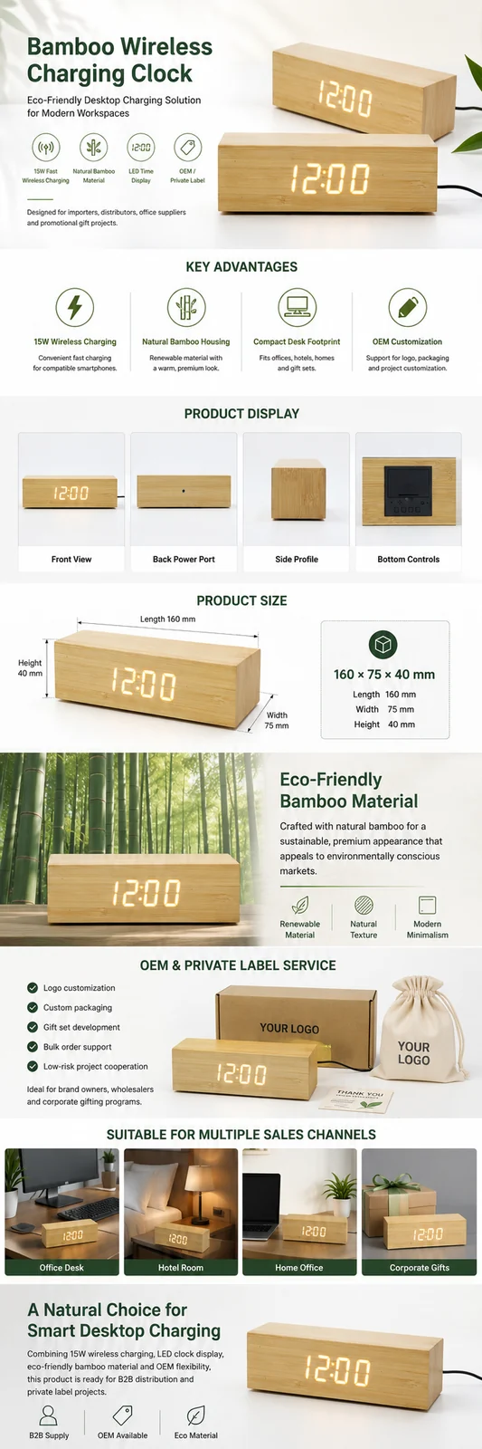 W118 Bamboo Wireless Charging Clock OEM detail view
