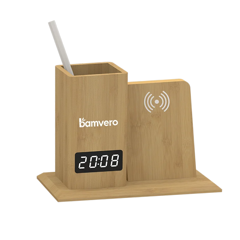 W125 Bamboo Wireless Charging Pen Holder Clock thumbnail 3