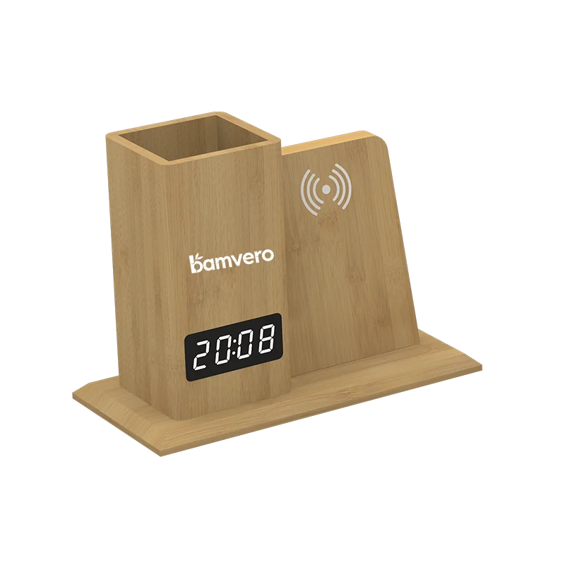 W125 Bamboo Wireless Charging Pen Holder Clock thumbnail 2