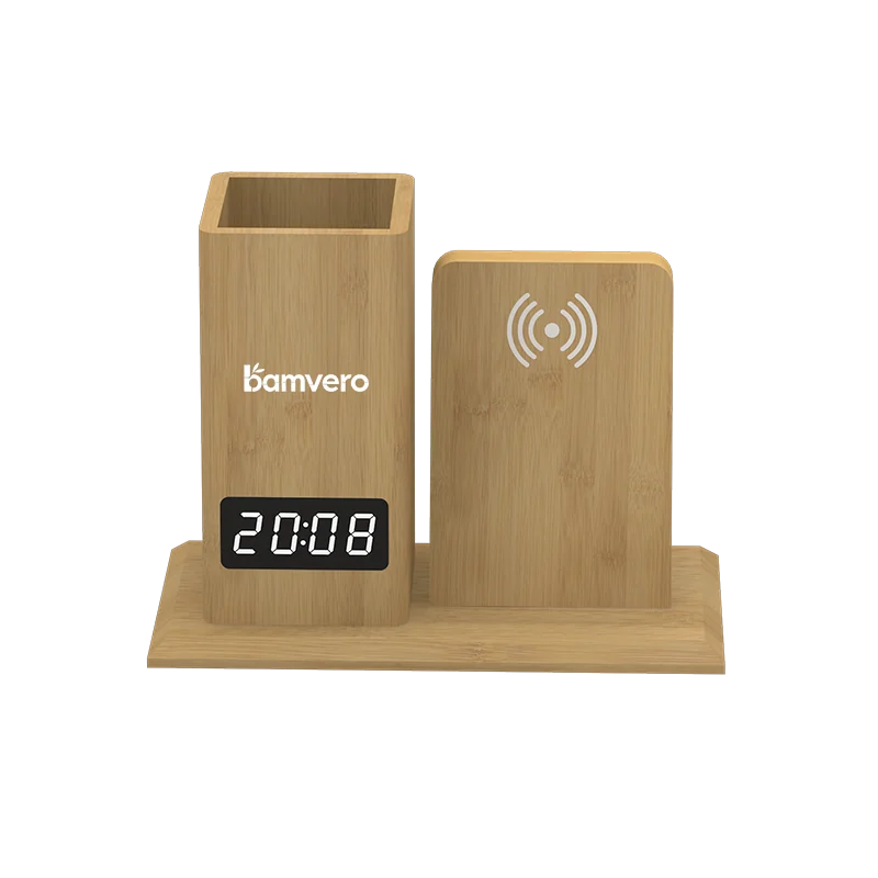 W125 Bamboo Wireless Charging Pen Holder Clock product view for B2B sourcing