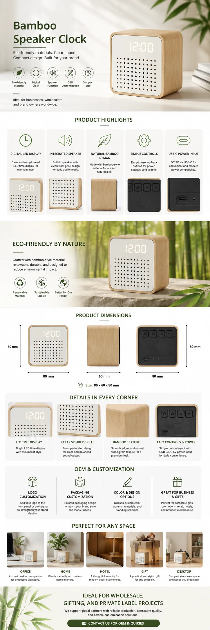 Y103 Bamboo Speaker Clock OEM detail view