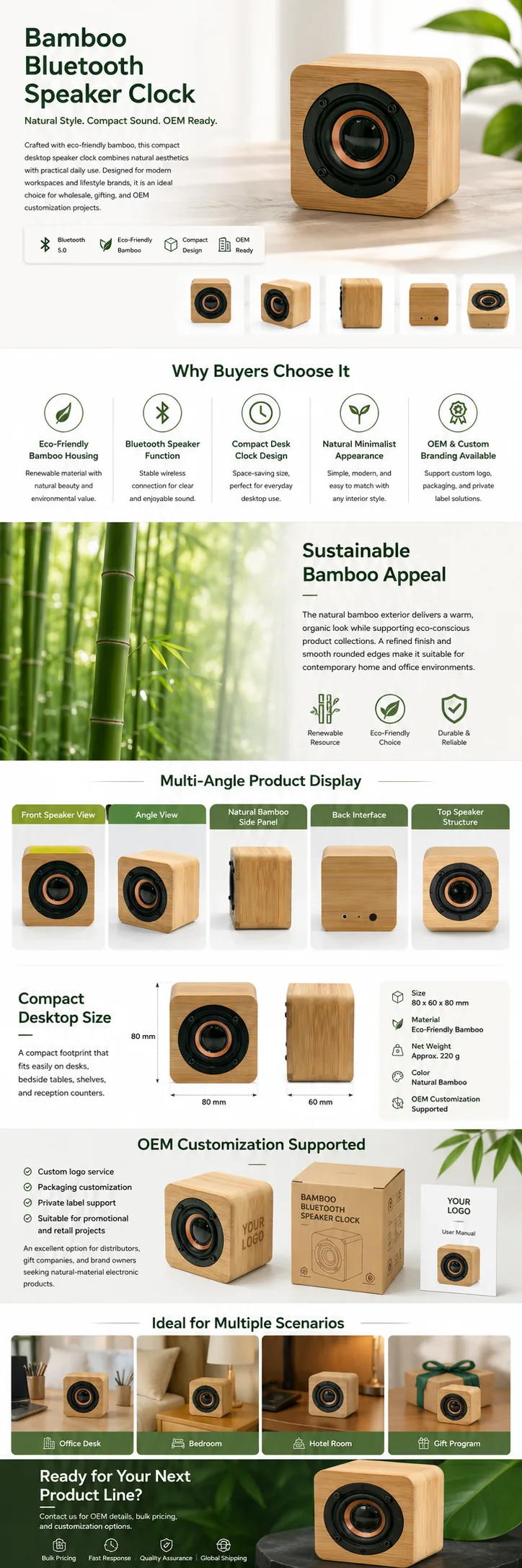 Y103N Bamboo Bluetooth Speaker Clock OEM detail view