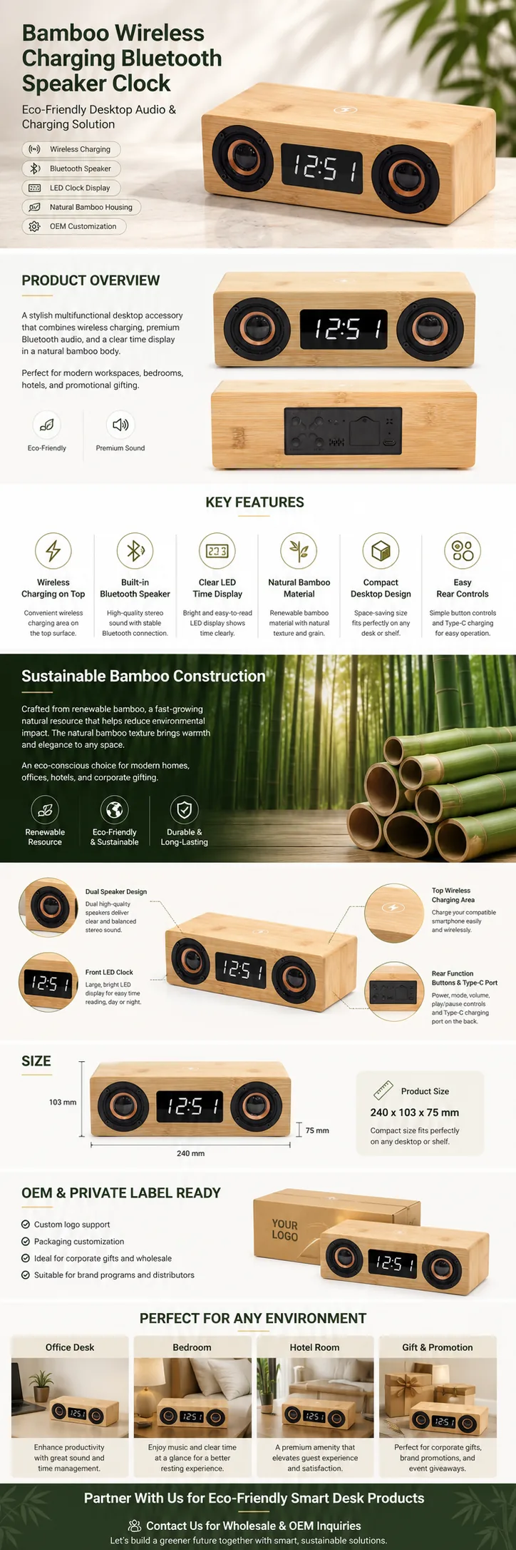 Y120 Bamboo Wireless Charging Speaker Clock OEM detail view