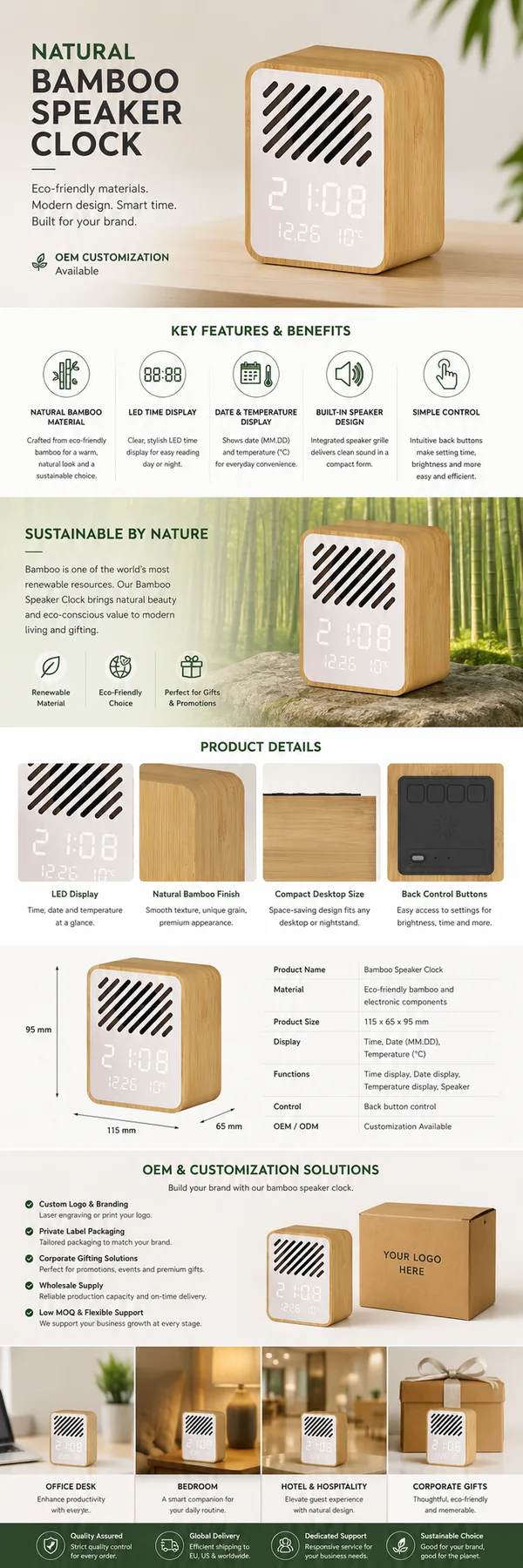 Y130-1 Bamboo Bluetooth Speaker Alarm Clock OEM detail view