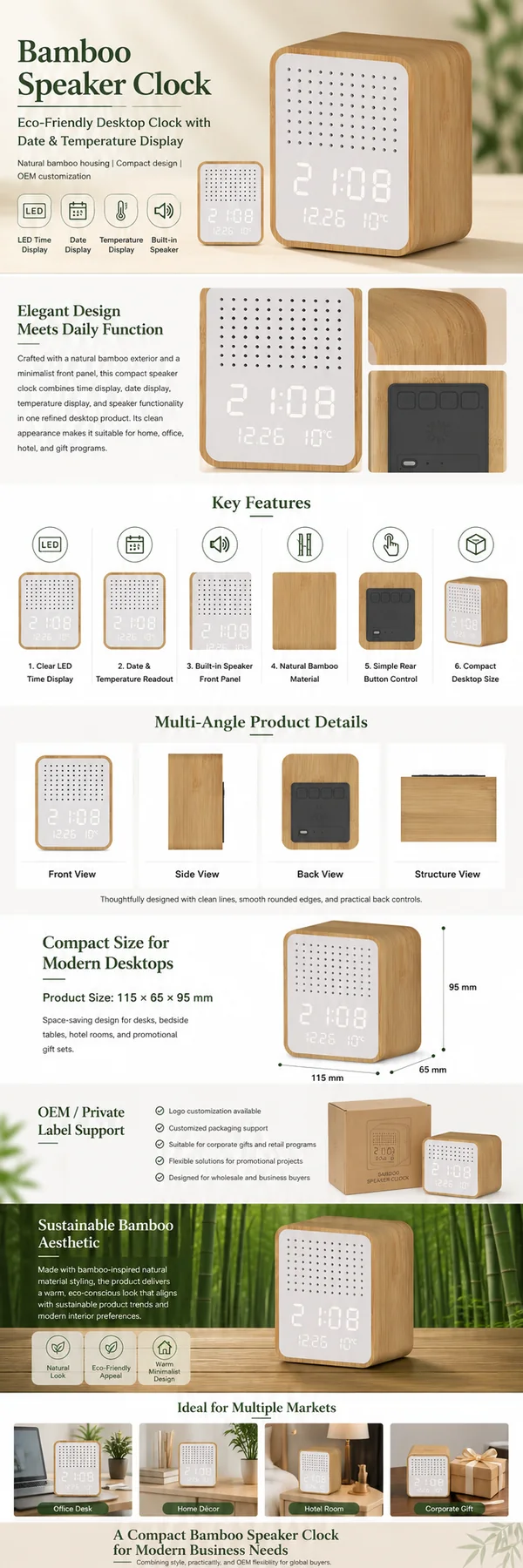 Y130-2 Bamboo Bluetooth Speaker Alarm Clock OEM detail view